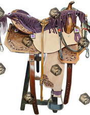 Purple Fringe Leather Horse Saddle Western Barrel Racing Tack Hand-Tooled Carved