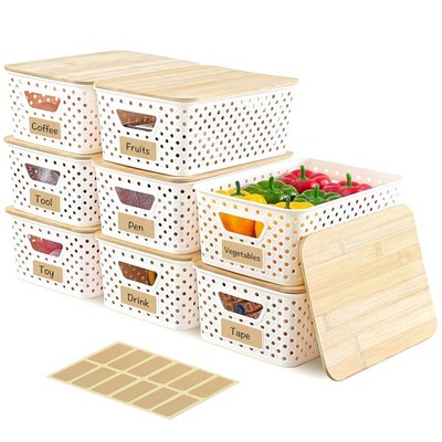 Canastas De Almacenamiento Apilables Con Tapa De Bambu Juego De Ocho Pro