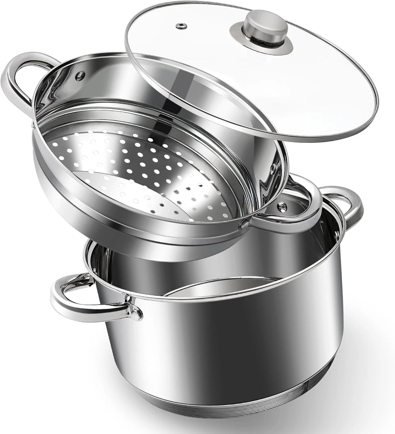 4 QT Stainless Steel Cookware Set, 3-Piece Multipurpose Stock Pot with Steame...