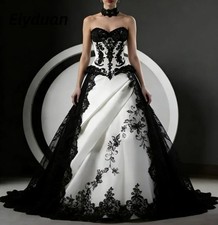 Gothic Black White Wedding Dress Off Shoulder Lace Applique Vintage Bridal Gowns