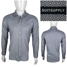 Suitsupply Mens 15 - 38 Shirt Button 100 Cotton Geometric White Blue Testa EUC