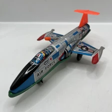 Vintage Lever Action Pull Friction Air Force Jet Fighter Tin Plane USAF