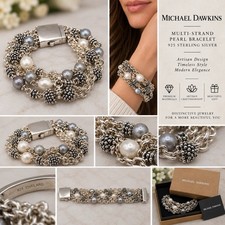 Michael Dawkins 925 Sterling Silver Multi-Strand Pearl Beaded Statement Bracelet