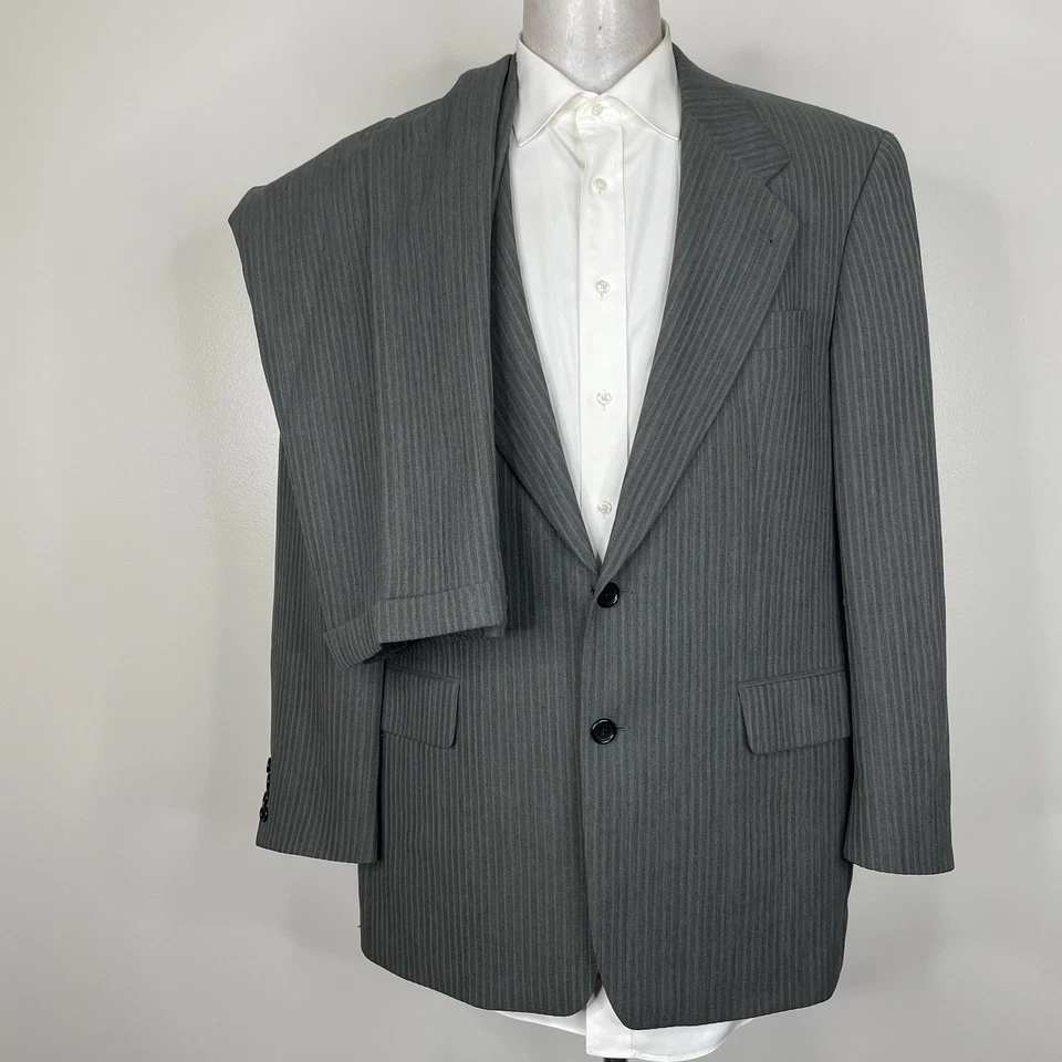 Hugo Boss USA Made 2 Piece Suit Mens 42R 36x32 Green Gray Striped Wool - Image 2 of 4