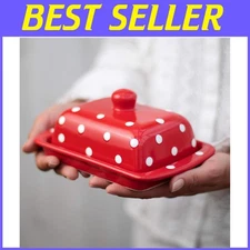 Handcrafted Butter Dish with Knob Handle, Red Polka Dot