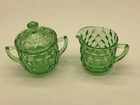 Jeanette Glass Cube Sugar Bowl & Creamer - Green Uranium Glass