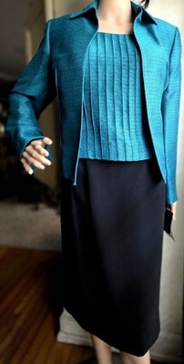 NWT Kasper Petite 6P Teal Black 3PC Skirt Suit Jacket Shell