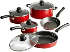 9-Piece Non-Stick Cookware Set - Red Kitchen Pots and Pans Set with Glass Lids