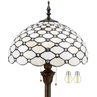 WERFACTORY Tiffany Floor Lamp Cream Amber Stained Glass Bead Standing Reading...