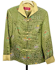 Vtg Cong Xin Yuan Green Satin Gold Embroidered Brocade Asian Jacket - Size Large