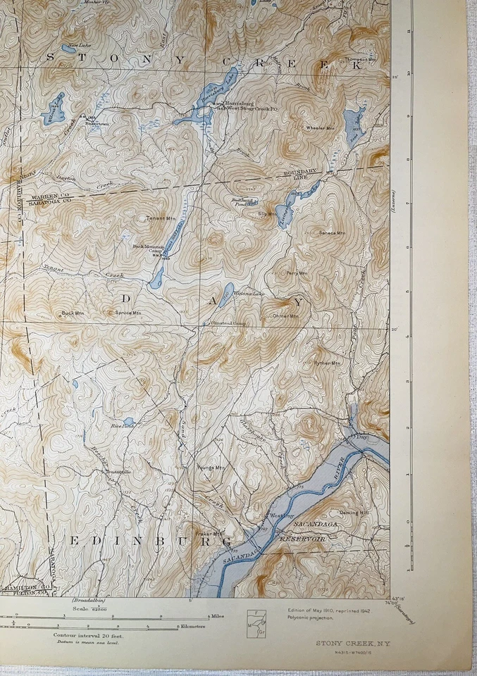 Mapa topográfico de Stony Creek, Nueva York Edimburgo, Esperanza, Día, Pozos, Río Sacandaga Foto 4 de 4