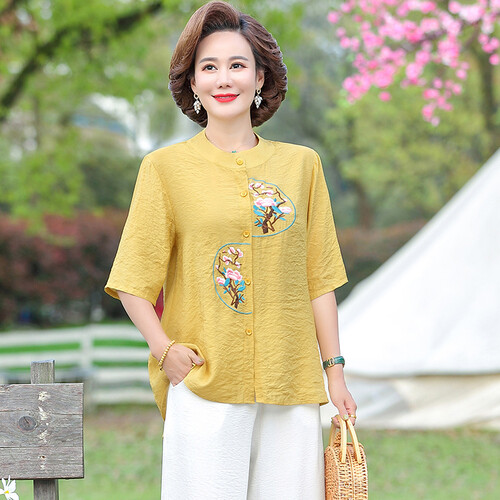 Damen Top chinesischer Stil Shirt Bluse 3/4 Ärmel bestickt Blumenmuster ethnischer Sommer - Bild 13 von 14