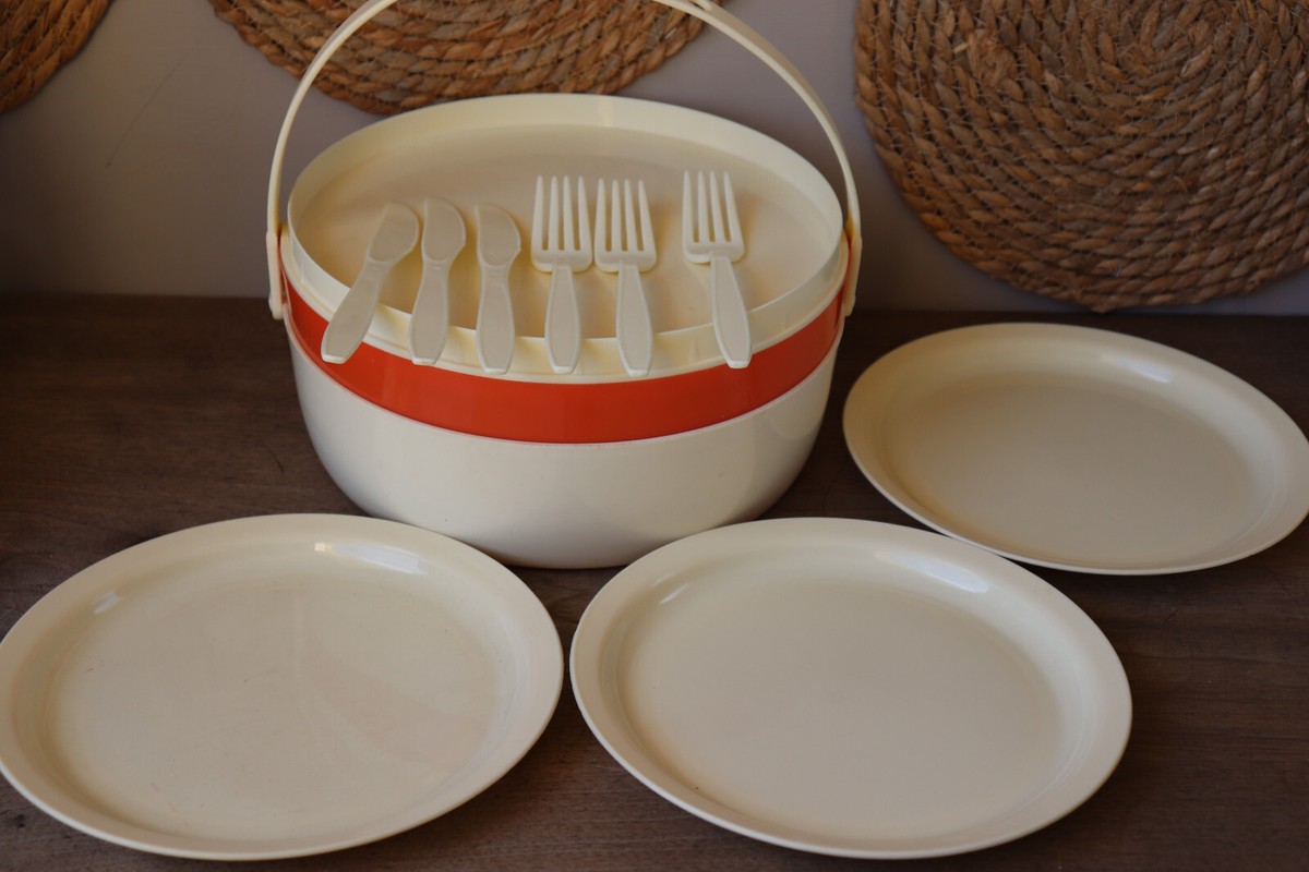 Set De Pique-nique Vintage Olot Années 70 - Valise Orange Espagne - État D'époque