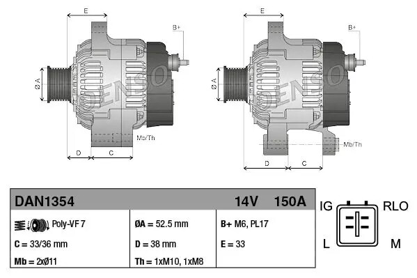 Alternatore con puleggia a ruota libera DAN1354 DENSO per LEXUS IS C IS II GS