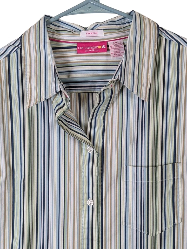 LIZ Lange 孕妇装上衣女式 XXL 码纽扣条纹衬衫蓝色绿色经典 — 第 2/4 张图片