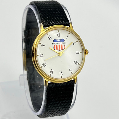 Vintage 1980s Unisex US PAPER MILLS Union Gold Tone Dress Watch, Leather, 32mm
