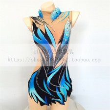 Women Girl Costume Rhythmic Gymnastics Leotards Competition Aerobics Blue Teens