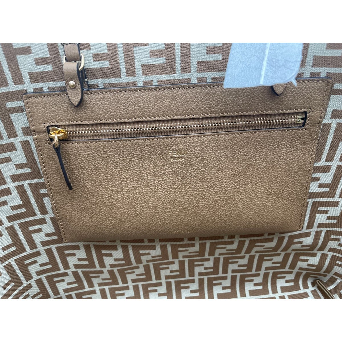 NEW FENDI FF ROLL BEIGE STRIPE REVERSIBLE LARGE TOTE BAG NWT