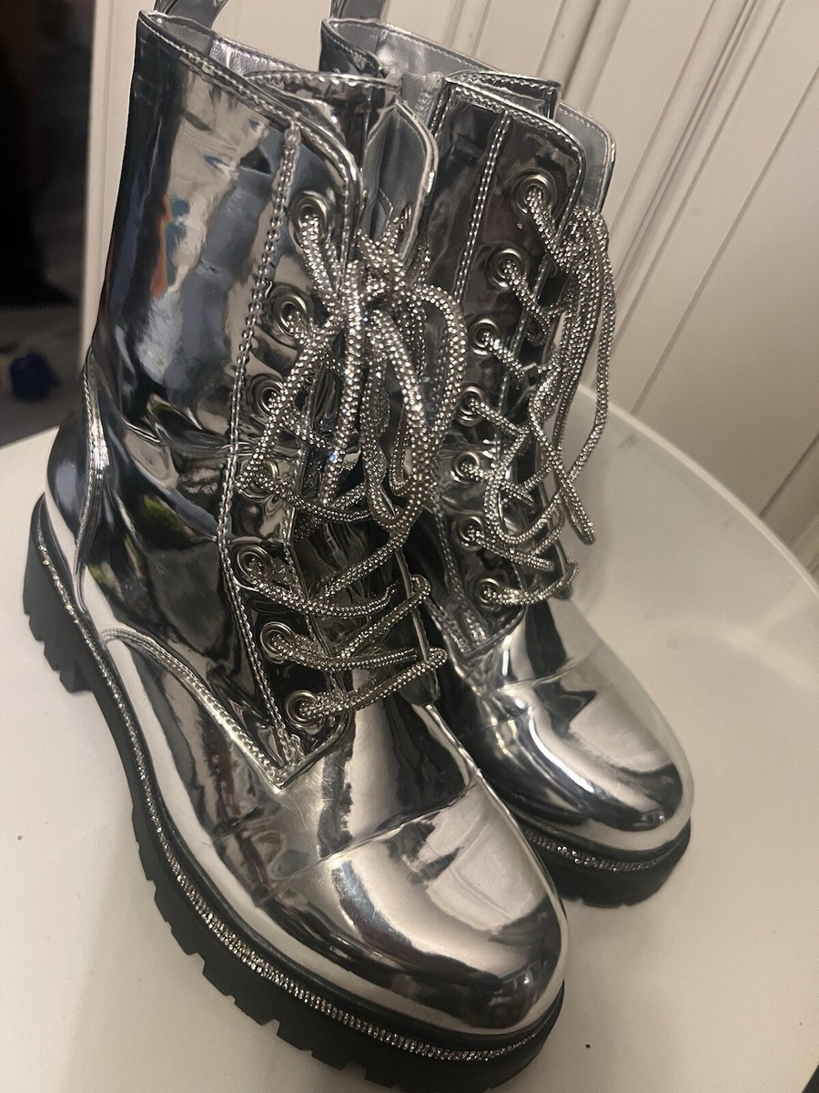 Mata Womens Fashion Metallic Shiny Metal Chain Lace Up Combat