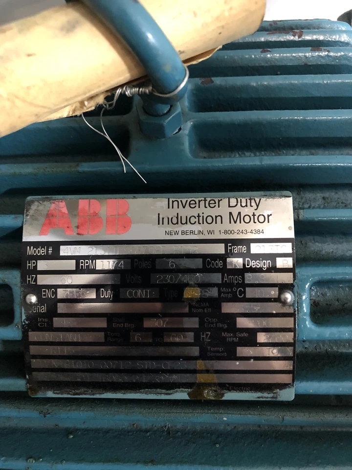 ABB 4VM 213TTFS6076ER R142 Inverter Duty Induction Motor 3 HP 1174 RPM Type TFS - Image 2 of 4