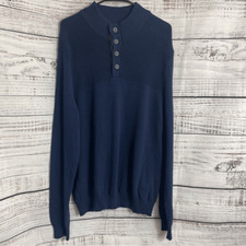 Club Room Sweater Mens Large Button Mock neck knit Cotton Navy blue New