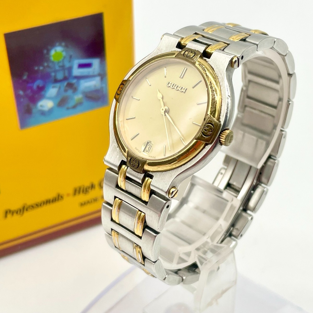 GUCCI Watch Quartz 9000M Gold Silver Yellow Dial Men's Vintage Authentic