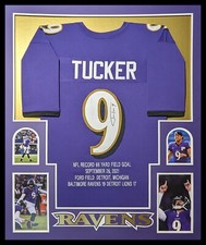 FRAMED BALTIMORE RAVENS JUSTIN TUCKER AUTOGRAPHED SIGNED STAT JERSEY JSA COA