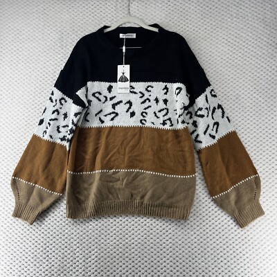 Angashion Color Block Leopard Print Knit Pullover Sweater, Size S