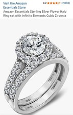 New Amazon Sterling Silver Platinum Plated Swarovski Flower Halo Ring Set Sz 6