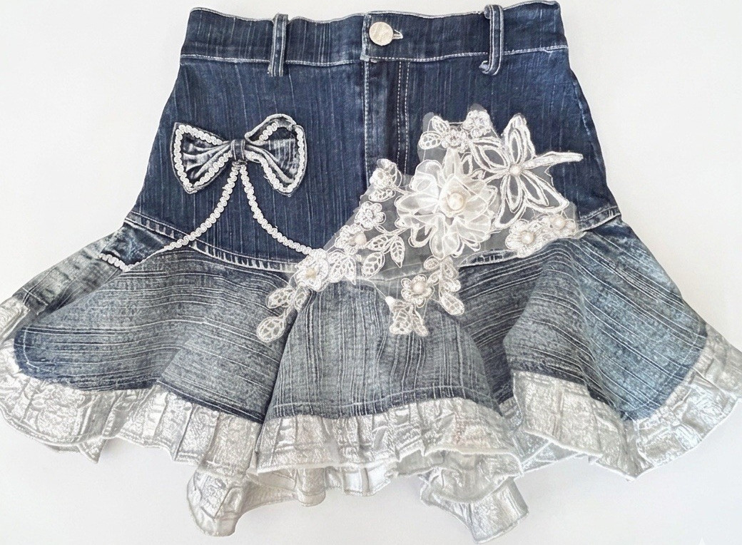 Shanil Girls Denim Flare Skirt - Size 5 - Lace Bow Embroider