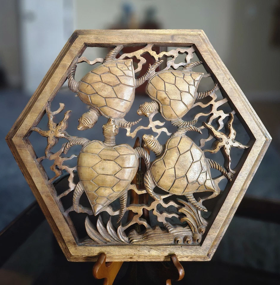手工雕刻木制海龟和海星墙壁装饰复古六边形形状  — 第 2/4 张图片