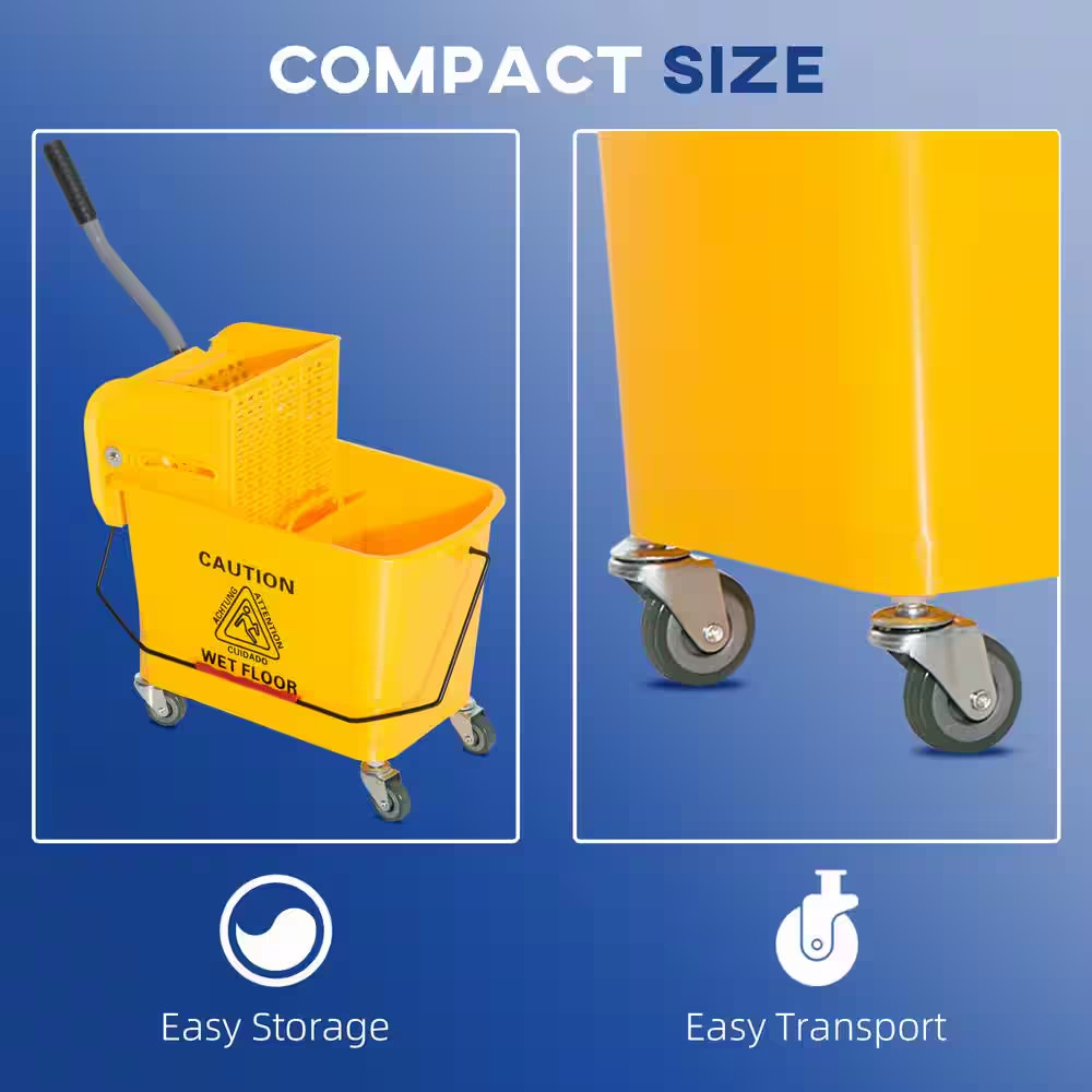 Mop Bucket Wringer Commercial Cleaning Yellow Plastic Rolling Wheels 5 Gallon