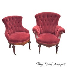 antique burl walnut victorian chairs velvet pair fireside 1870 
