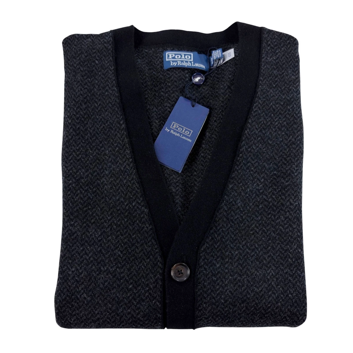 Polo Ralph Lauren Cárdigan Suéter Para Hombres XL Espiga Jacquard Lana Gris $298