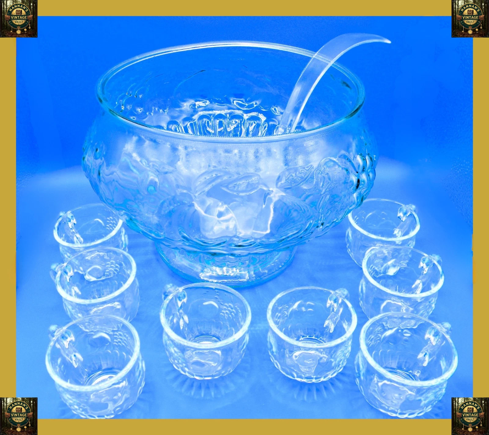 Vintage Indiana Glass Harvest Grape Clear Punch Bowl Set w/ Cups & Ladle