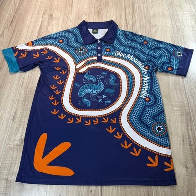 Dreamtime Sports Australia Blue Mountains Polo Shirt Mens XXL Blue Dot Art Emu