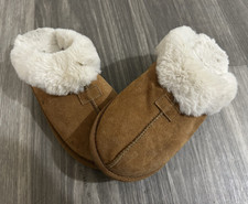Joyspun Women's Brown Suede Slip-On Slippers Faux Fur Lined Trim Size 7