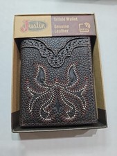 Justin Mens Western Trifold Wallet Leather Boot Stitch Logo Brown RFID Protected