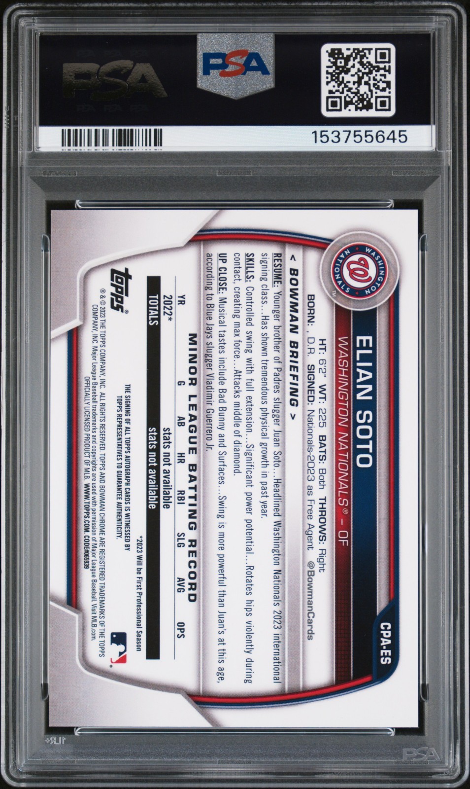 2023 BOWMAN DRAFT CHROME PRSPCT ELIAN SOTO AUTO  /150 1st BOWMAN - PSA 9 view 2