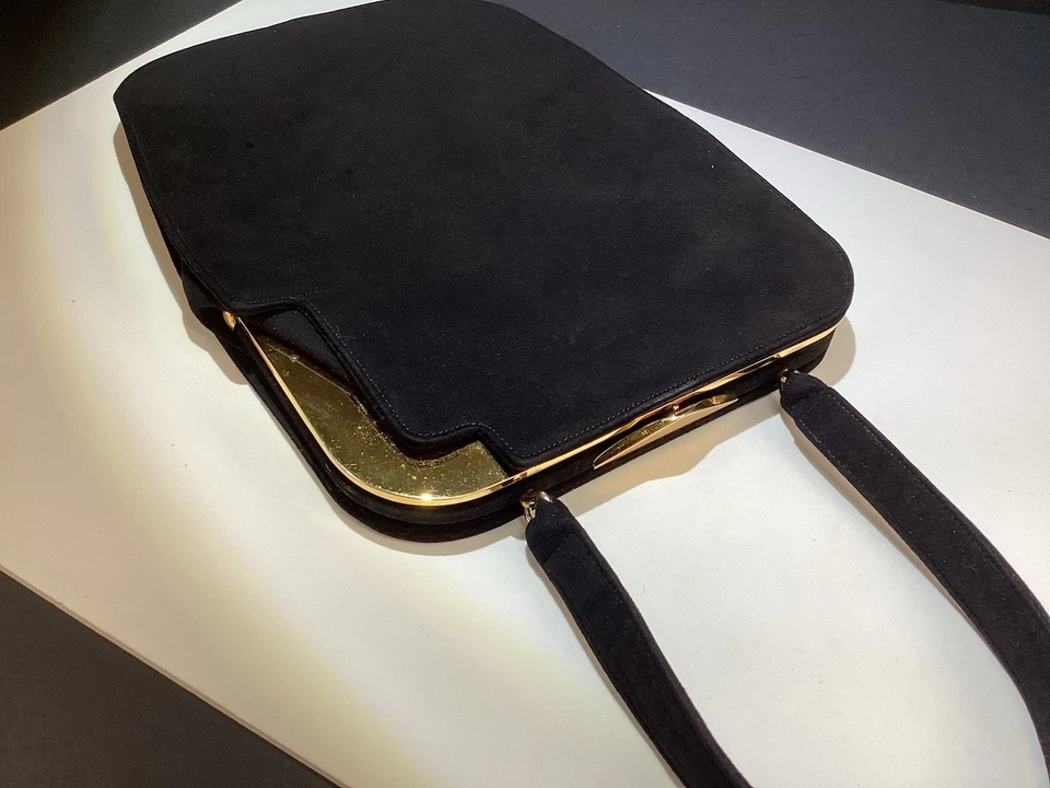 DE COLECCIÓN KORET Bolso de Mano Negro Niño Gamuza Tono Dorado Herrajes Italia con Monedero Foto 4 de 4