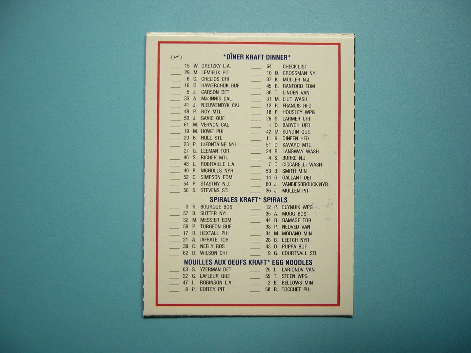 1990/91 KRAFT NHL HOCKEY CARD #64 CHECKLIST EX/NM SHARP!! 90/91 KRAFT