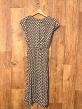 SHEIN Black Tan Abstract Print Pleated Midi Dress Tie Waist Size S