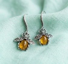 Museum Antique Bee Earrings Silver Amber Oxidized Boho Bumblebee VTG Honeybee
