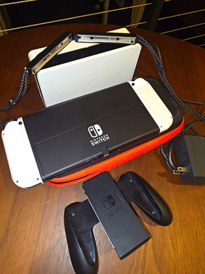 Nintendo Switch OLED Console White Joy-Con Dock AC Adapter Grip Carry Case