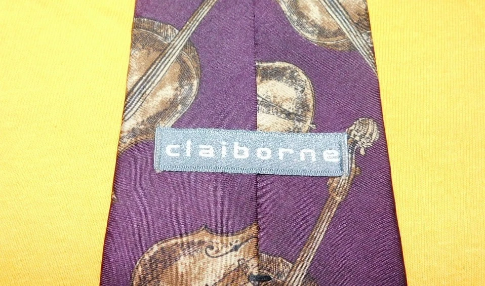 CLAIBORNE MADE IN U.S.A. PURPLE/BEIGE/BROWN VIOLIN MOTIF TIE - DESIGNER TIES. - Image 3 of 3