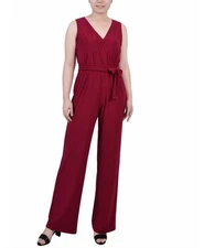 NY Collection Women's Petite Belted Jumpsuit (Beet Red, Petite Medium )