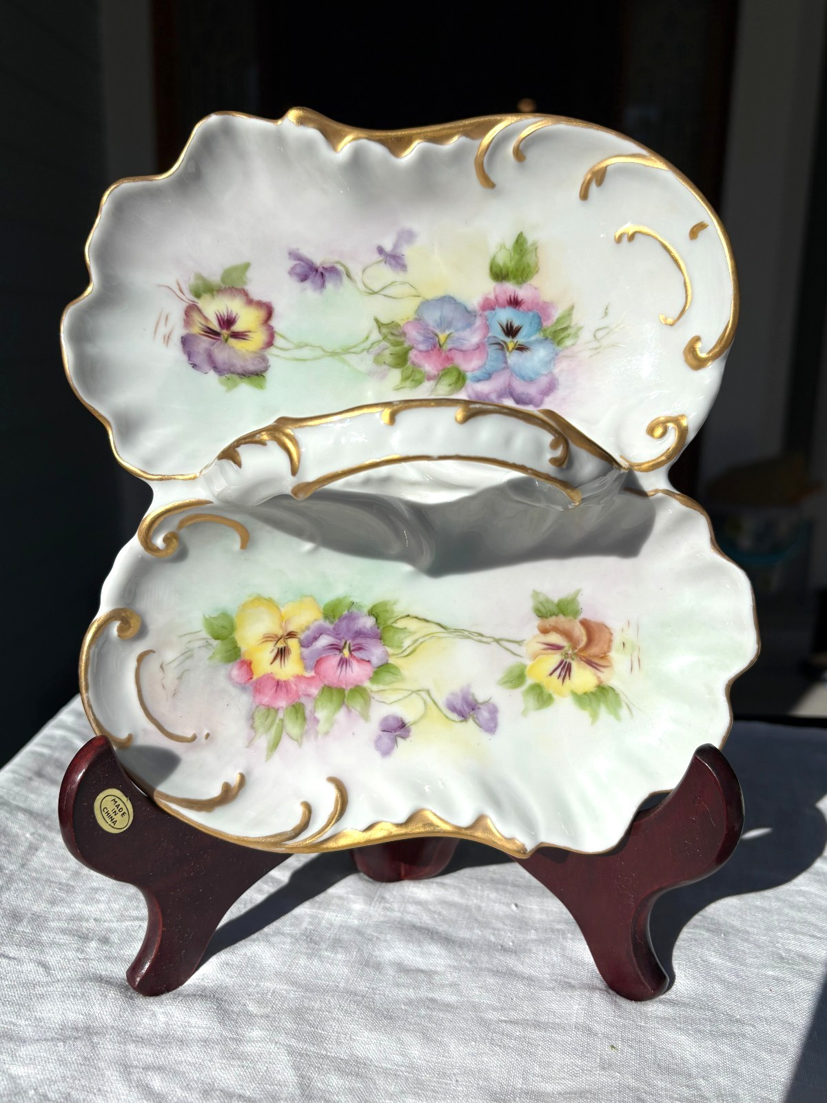 VNTG Hand Painted Porcelain Divided Dish Pansy Gold Gilt Handle Limoges Style 7