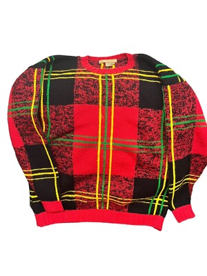 VTG Studio 121 Red/Black/Yellow Plaid Wool Knit Pullover Sweater Size M 