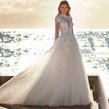 High Neck Wedding Dresses Long Sleeve Applique Buttons Back Pleated Bridal Gowns