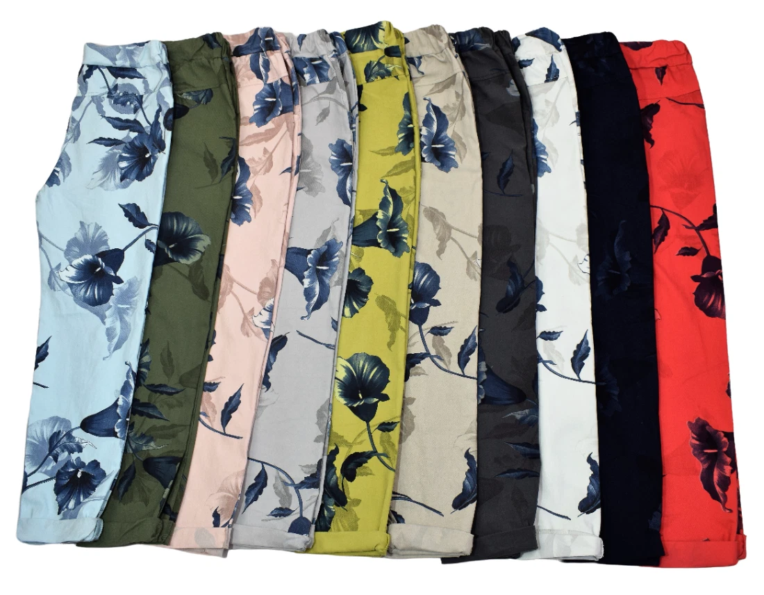 Ladies Italian Lagenlook Stretch Lily Print Floral Magic Trousers Pants